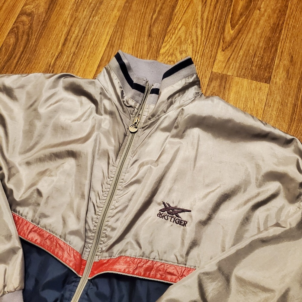 Vintage 80s Asics Tiger Windbreaker Jacket Men L Gray Track‎ Embroidered